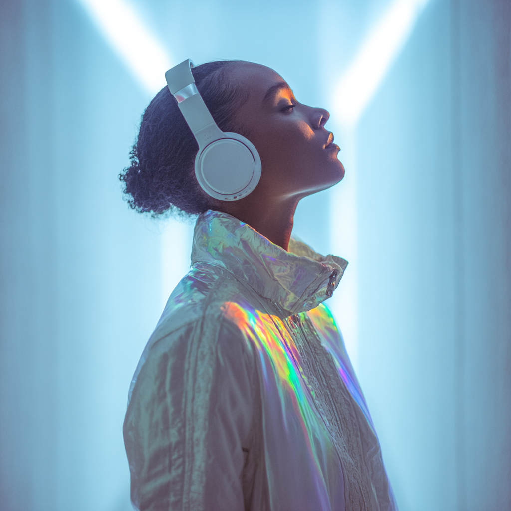 A calm figure in a luminous digital sanctuary